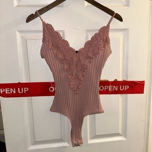 Lace Ribbed Cami Bodysuit Coral Pink